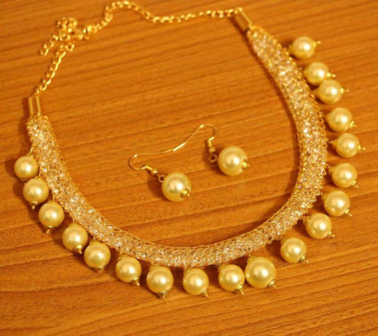 Zircon Studded Gold Plated Pearl Necklace Set