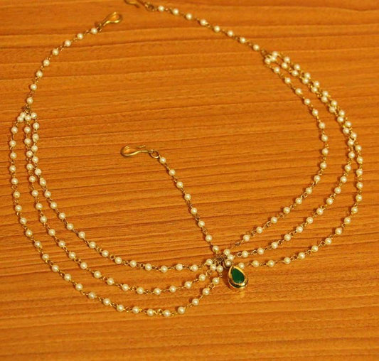 Green Kundan Multi-String Maathapatti | Gold-Plated Bridal Emerald Head Jewellery