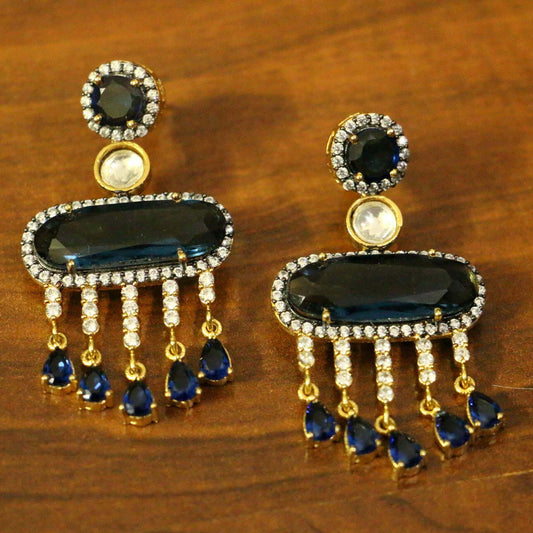 Blue American Diamonds Sapphire Yellow Gold Danglers Drops