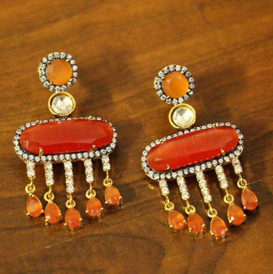 Orange American Diamonds Onyx Yellow Gold Danglers Drops