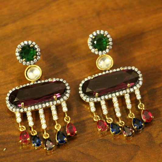 Multicolor American Diamonds Onyx Yellow Gold Danglers Drops