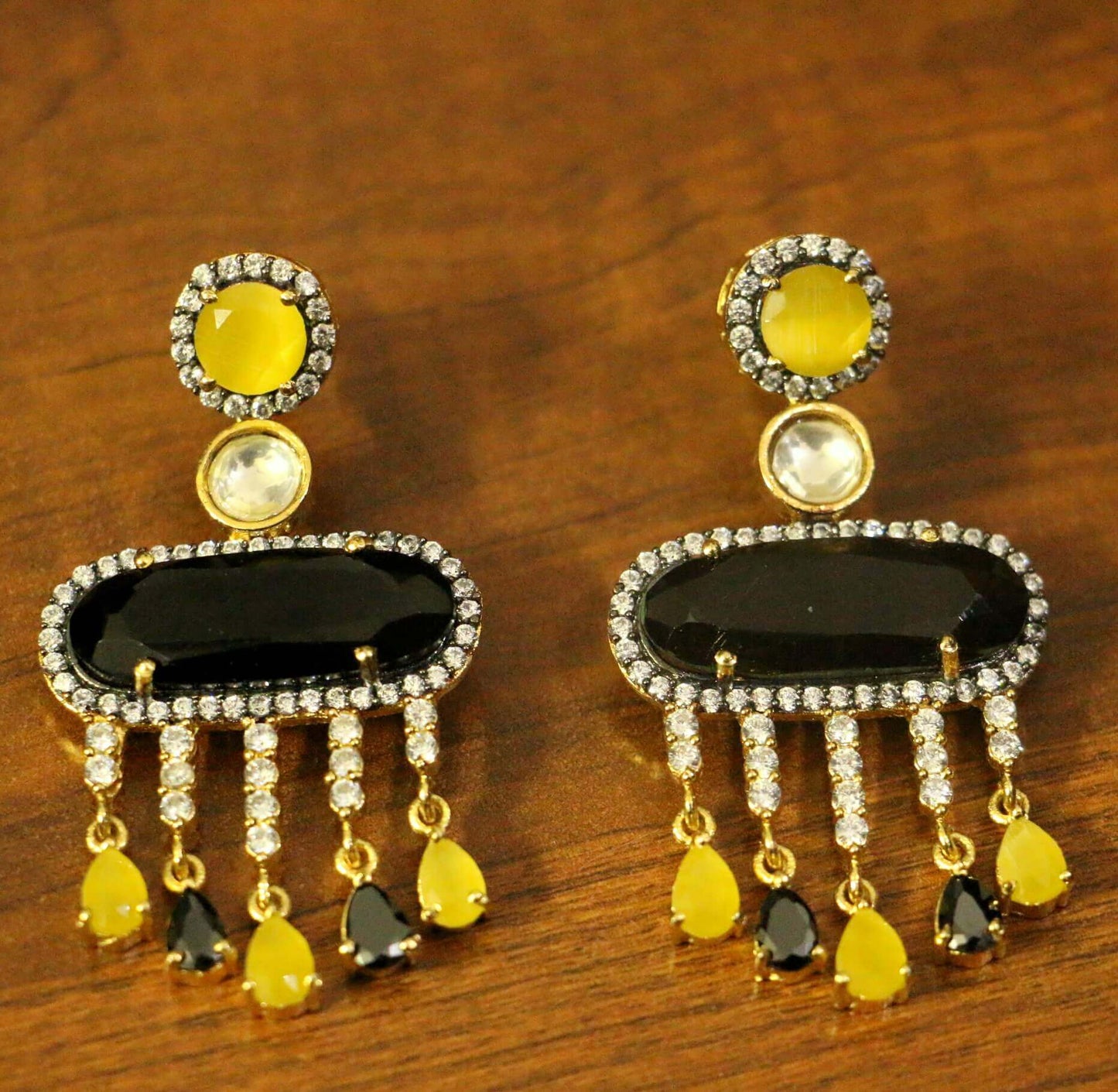 Black American Diamonds Onyx Yellow Gold Danglers Drops