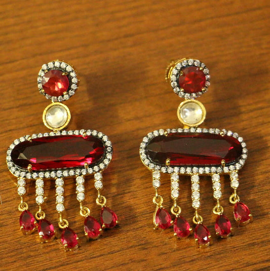 Red American Diamonds Ruby Yellow Gold Danglers Drops