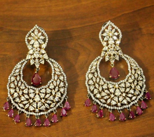 Red American Diamonds Ruby Black Silver Danglers Drops