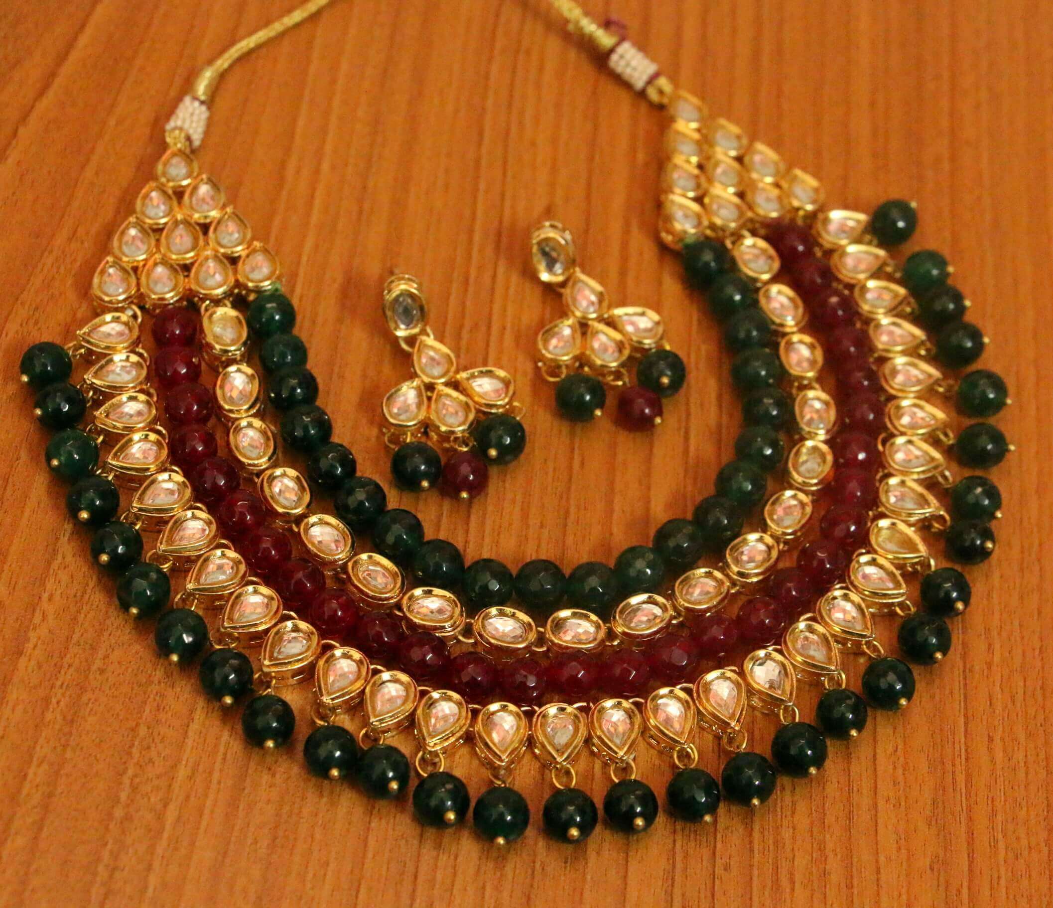 PINK & GREY ONYX KUNDAN MEENAKARI NECKLACE SET