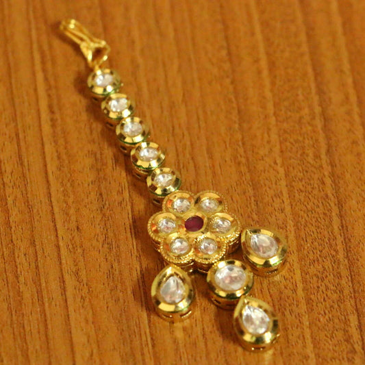 Ruby Flower Kundan Polki Maang Tikka | Gold-Plated Bridal Wedding Head Jewellery