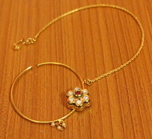 Red Ruby Flower Shape Kundan Bridal Nose Ring