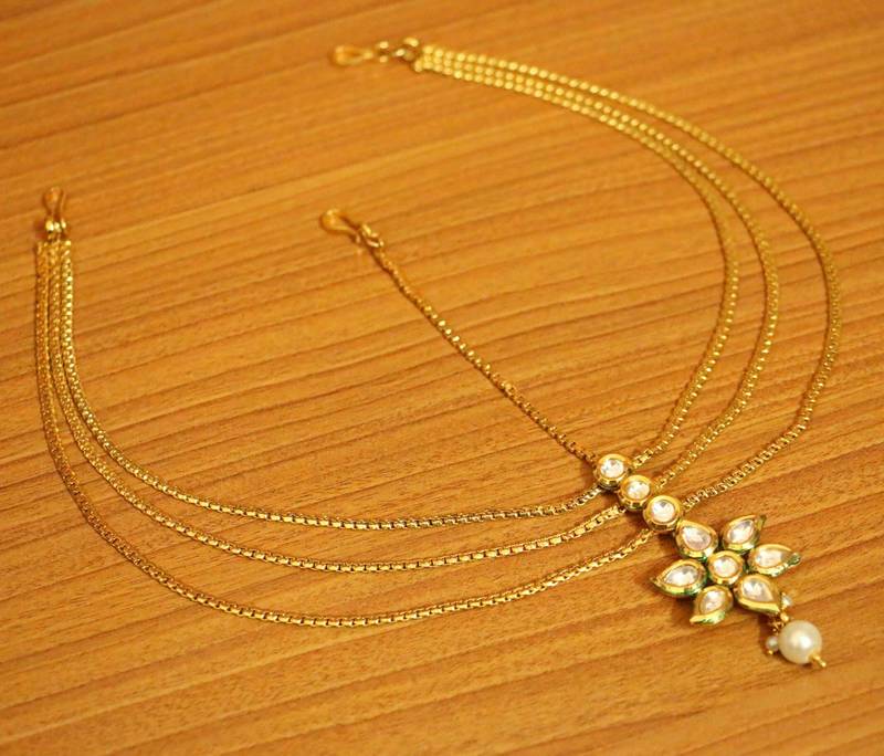 KUNDAN POLKI GOLD LOOK MUTI LAYERED BRIDAL MAANG TIKKA