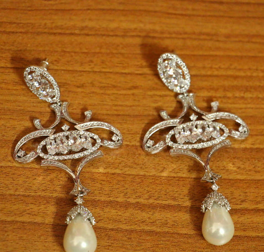 Silver Plated Diamond Look Pearl Danglers
