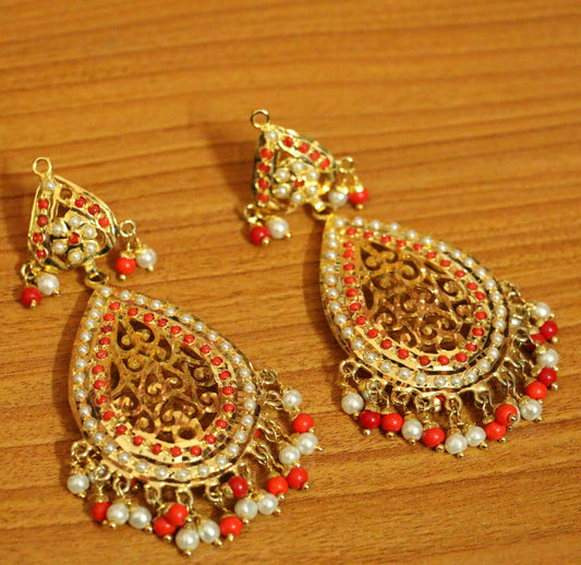 Gold Plated Coral & Pearl Jadau Earrings