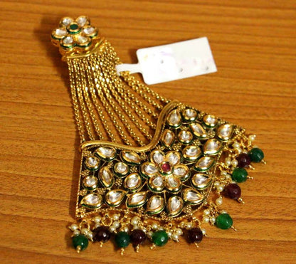 Ruby & Emerald Kundan Polki Paasa Jhoomar | Gold-Plated Bridal Side Head Jewellery