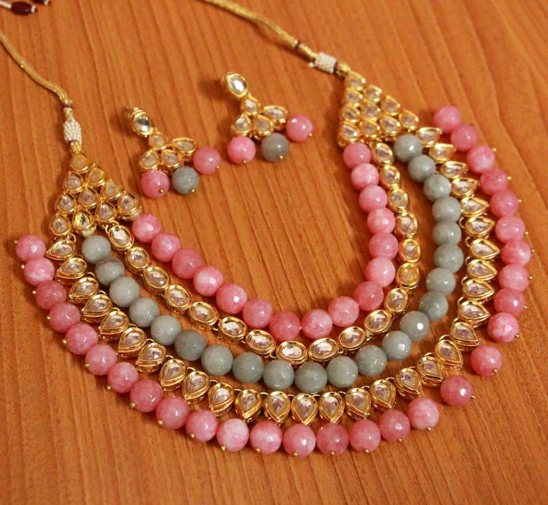 PINK & GREY ONYX KUNDAN MEENAKARI NECKLACE SET