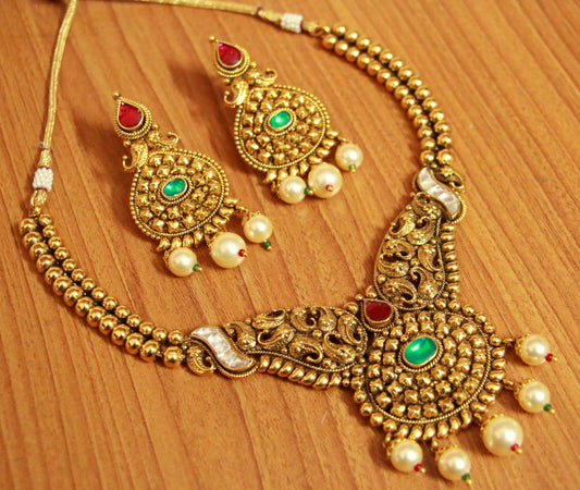 Multicolour Antique Gold Kundan Look Necklace Set