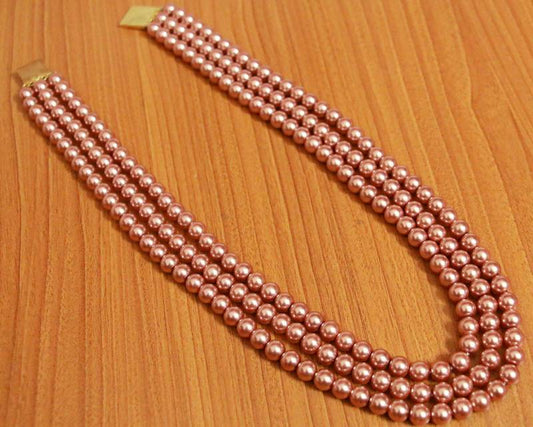 Pink Semi Precious Shell Pearl 3 Line Necklace