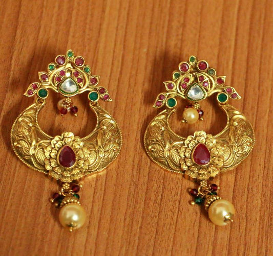 Multicolour Kundan Polki Antique Gold Earrings