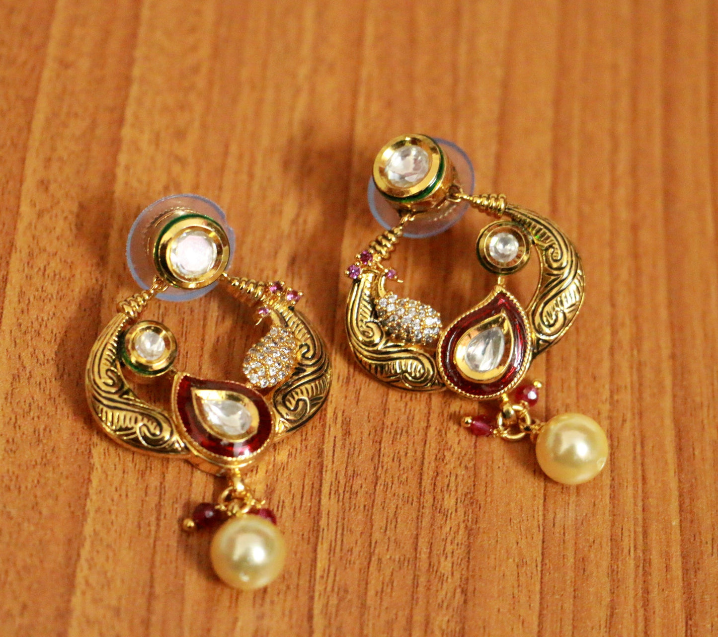 Antique Gold Look Kundan Polki & Paisley Earrings