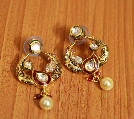 Antique Gold Look Kundan Polki & Paisley Earrings