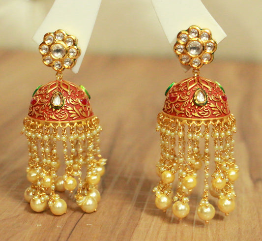 Gheru Kundan Meenakari Silver Alloy Jhumkas