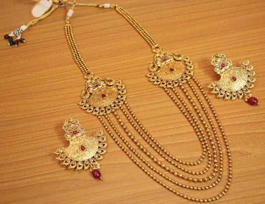 Antique Gold Look Ruby Polki Ethnic Necklace Set