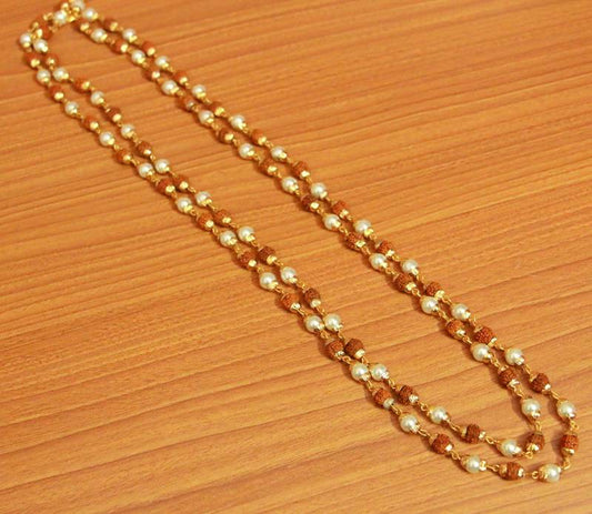 Double Line Rudraksh & Pearl Necklace