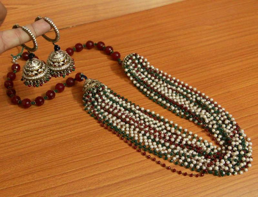 Multicolour Peacock Long Semi Precious Necklace Set