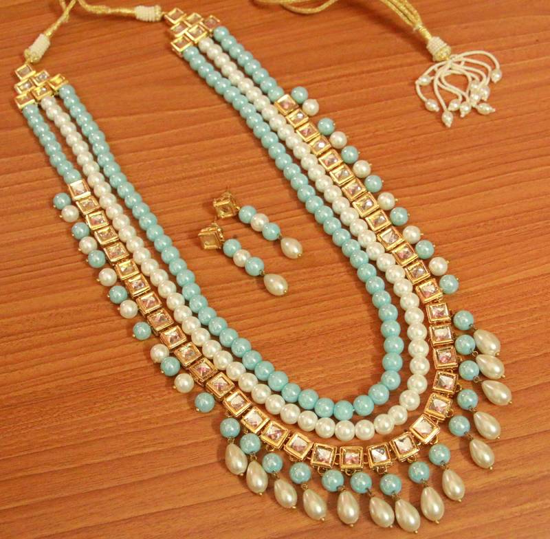 Turquoise Kundan Pearl Ethnic Necklace Set – Sanvi Jewels