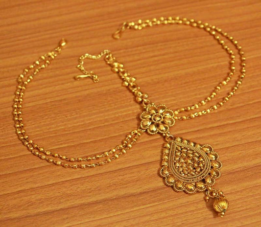 Ethnic Gold Polki Mathapatti | Antique Gold-Plated Bridal Maang Tikka for Women