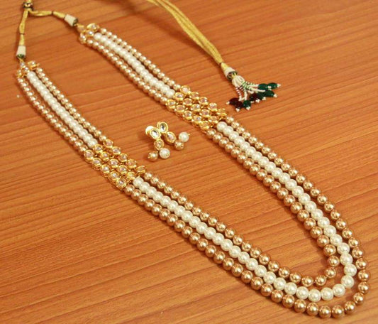 Golden & White Pearl Kundan Meenakari Necklace Set