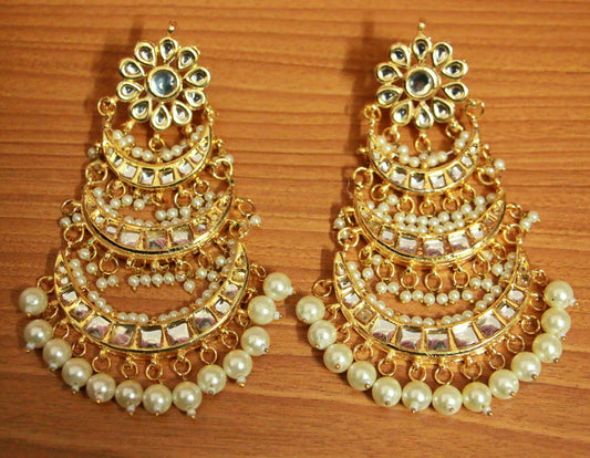 Kundan & Pearl Long Chaand Baali Danglers