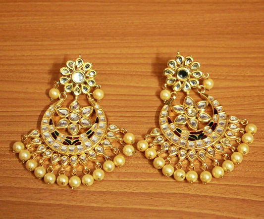Kundan Meenakari Pearl Chaand Baali Earrings