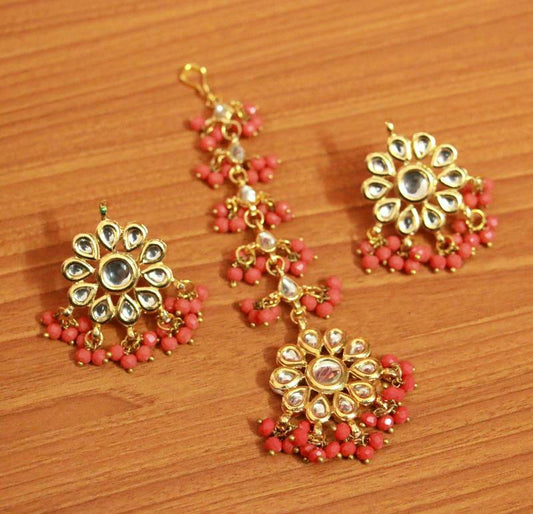 Orange Crystal Kundan Meenakari Earrings With Maang Tikka