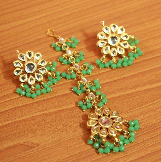 Green Crystal Kundan Meenakari Tikka With Earrings