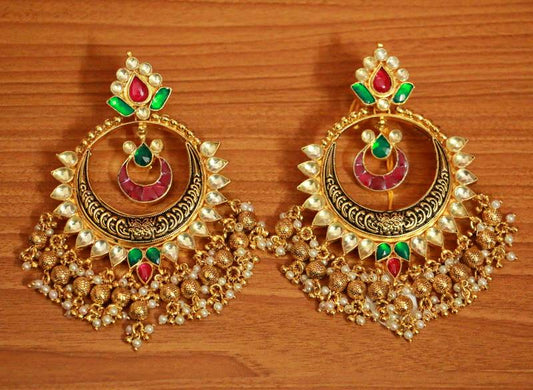 Kundan chandbali earrings with pearl drops – traditional gold plated bridal wedding jewellery with red and green stones