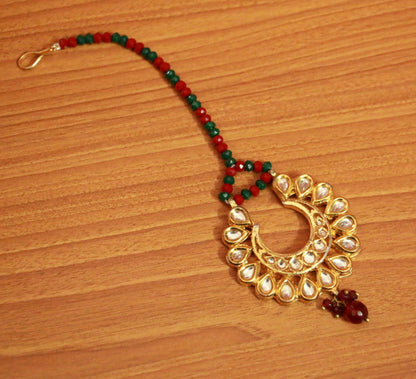 Multicolour Kundan Polki Bridal Maang Tikka | Gold-Plated Festive Head Jewellery