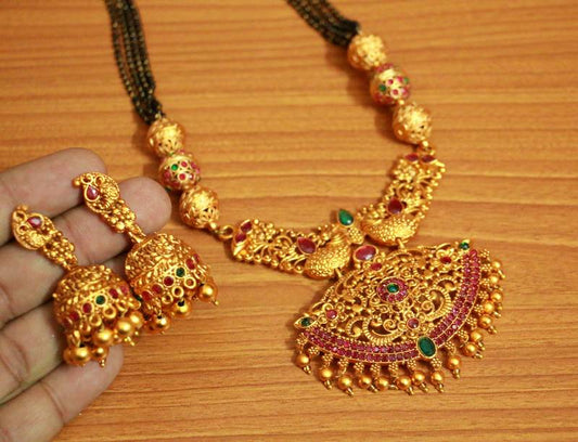 MULTICOLOUR STONE MATT GOLD LOOK BLACK BEADS NECKLACE SET