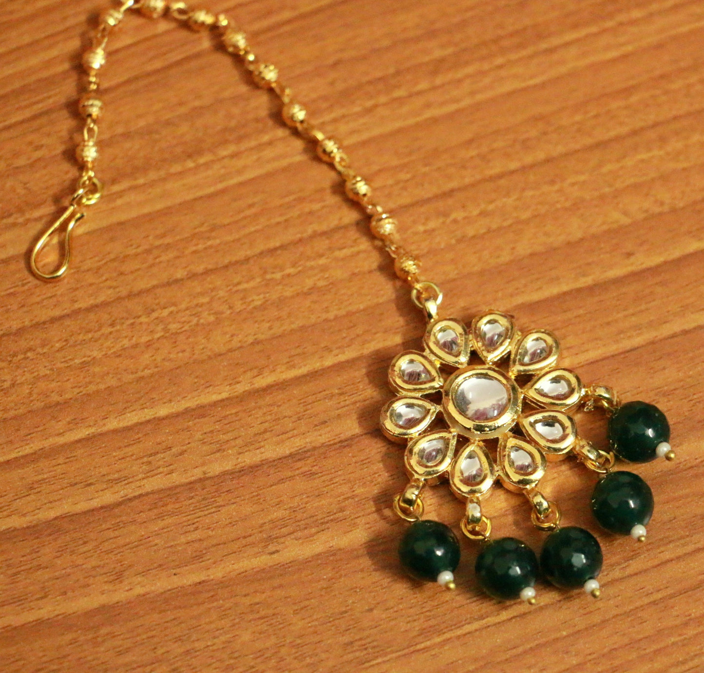 Green Kundan Meenakari Gold Maang Tikka | Gold-Plated Emerald Bridal Head Jewellery