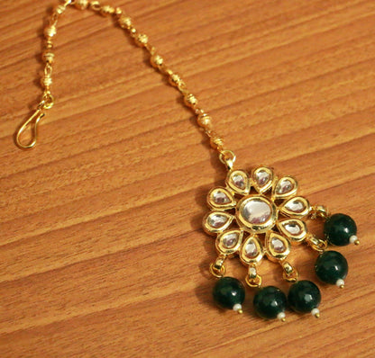 Green Kundan Meenakari Gold Maang Tikka | Gold-Plated Emerald Bridal Head Jewellery