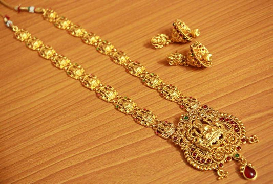 Temple look Multicolour Kempu Stone Long Necklace Set