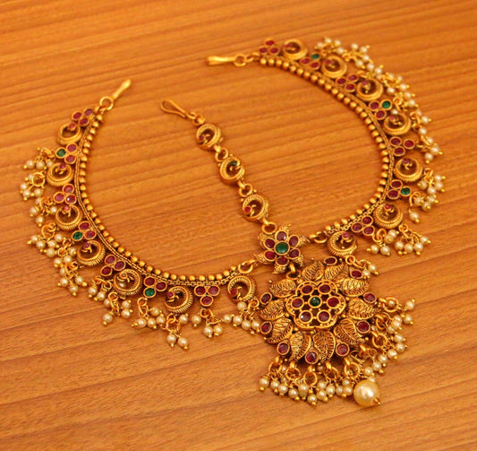 Matt Gold Multicolour Polki Bridal Maang Tikka | Antique Bridal Head Jewellery