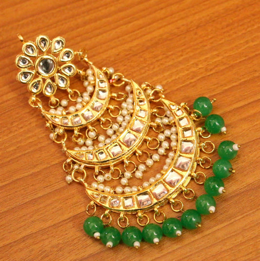 Emerald Kundan & Pearl Jhoomar | Gold-Plated Bridal Side Maang Tikka for Women