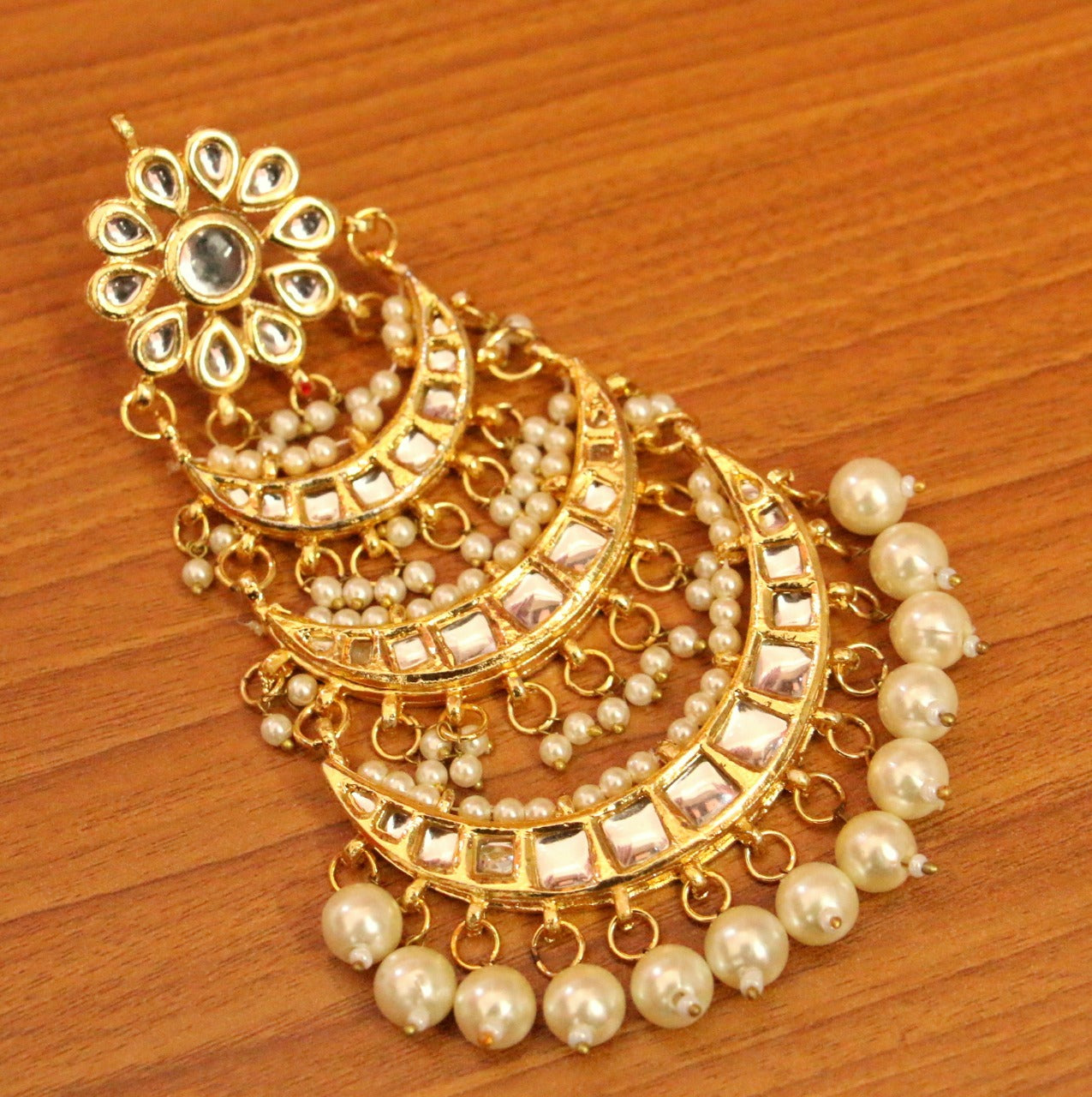 Pearl Kundan Polki Bridal Jhoomar | Gold-Plated Side Maang Tikka for Women