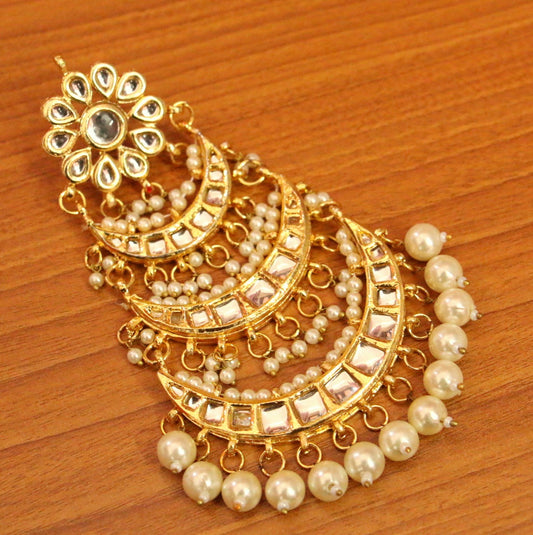 Pearl Kundan Polki Bridal Jhoomar | Gold-Plated Side Maang Tikka for Women