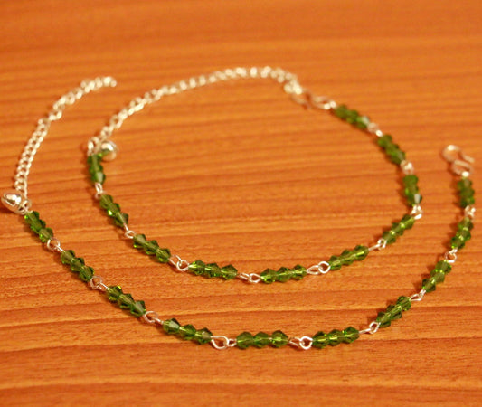 Green Crystal Beaded Silver Plated Anklets