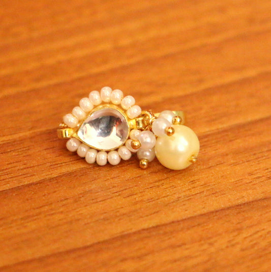 Pear Shaped Kundan & Pearl Pressable Nose Ring