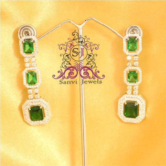 EMERALD COLOUR SILVER PLATED CZ FINE EARRINGS