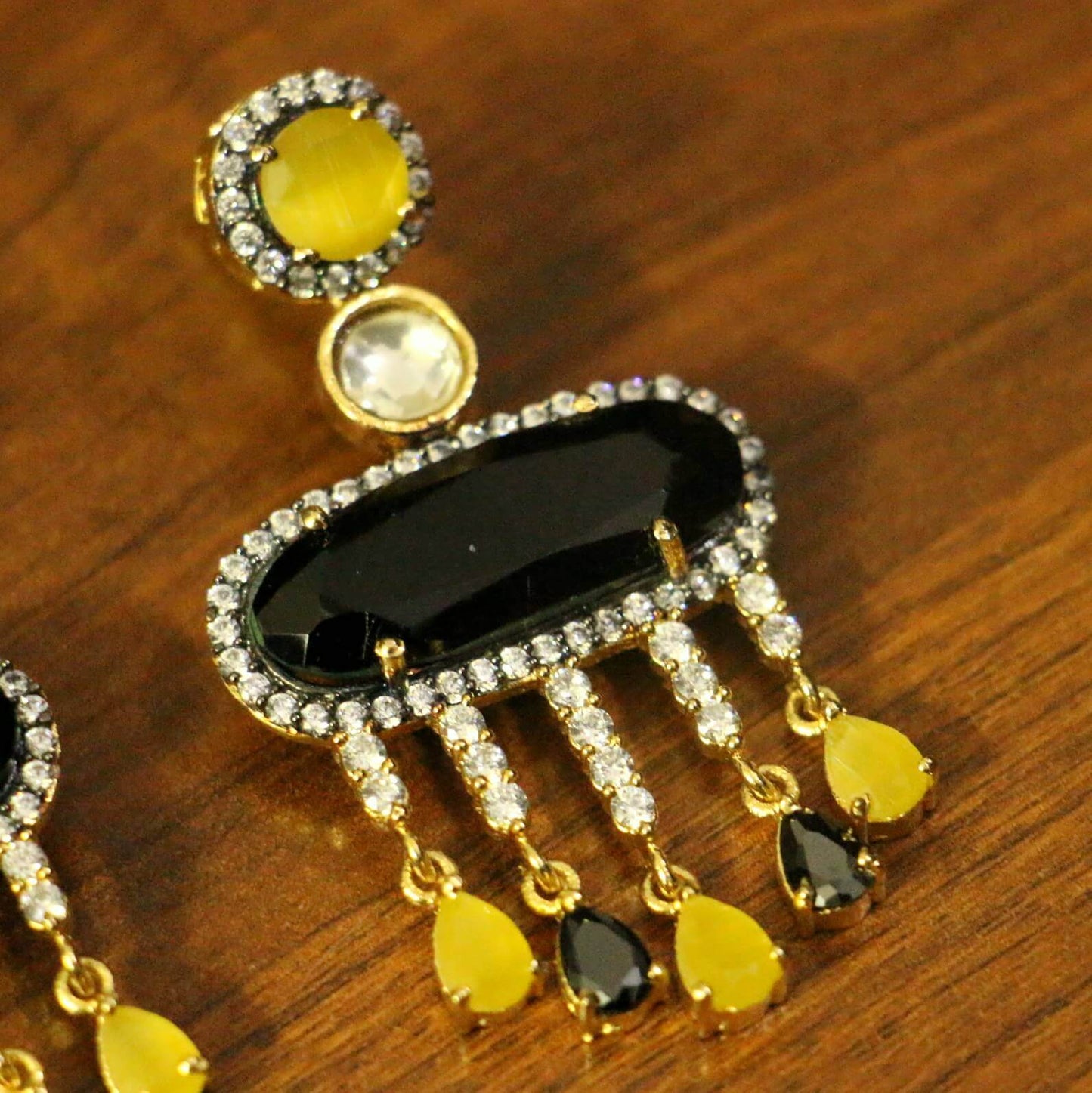 Black American Diamonds Onyx Yellow Gold Danglers Drops