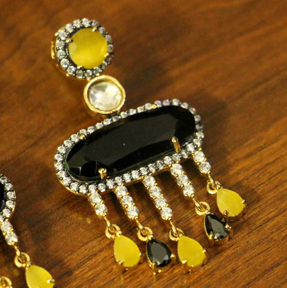 Black American Diamonds Onyx Yellow Gold Danglers Drops