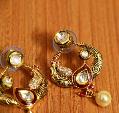 Antique Gold Look Kundan Polki & Paisley Earrings