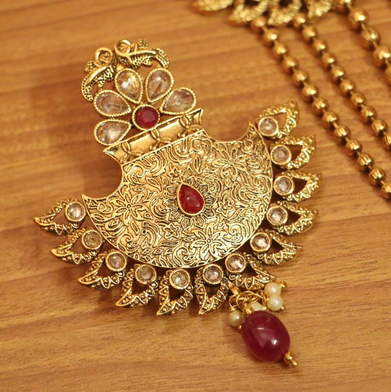 Antique Gold Look Ruby Polki Ethnic Necklace Set