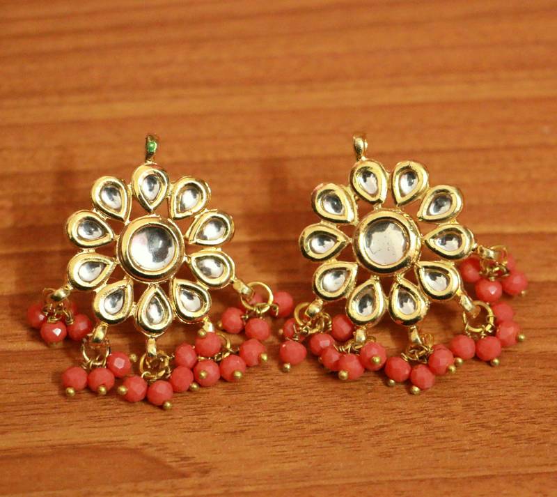 Gold Plated Traditional Orange Meenakari Kundan  Pearls Jhumka Earrings